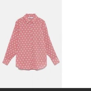 Zara Pink and White Polka Dot Button Up Blouse
